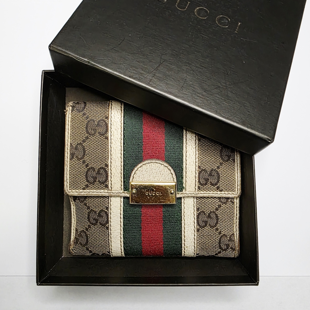 AUTHENTIC GUCCI GC CANVAS SHERRY LINE BIFOLD WALLET